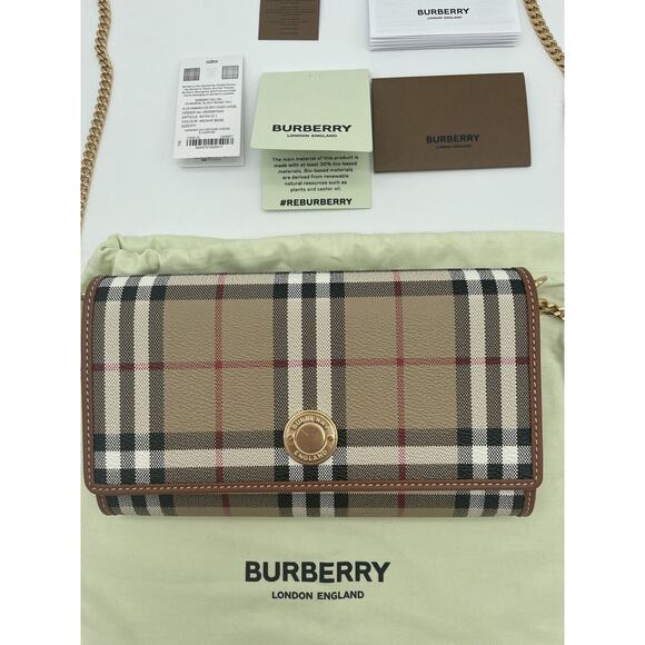 NEW! BURBERRY CHECK CHAIN WALLET CLUTCH CROSSBODY SHOULDER BAG PURSE NWT - Picture 6 of 15